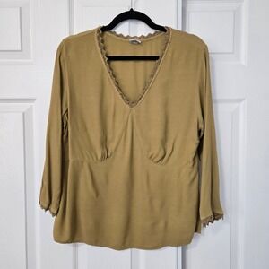 CP Shades Sausalito Mustard Ochre V-Neck Crochet Lace Trim Empire Waist Blouse